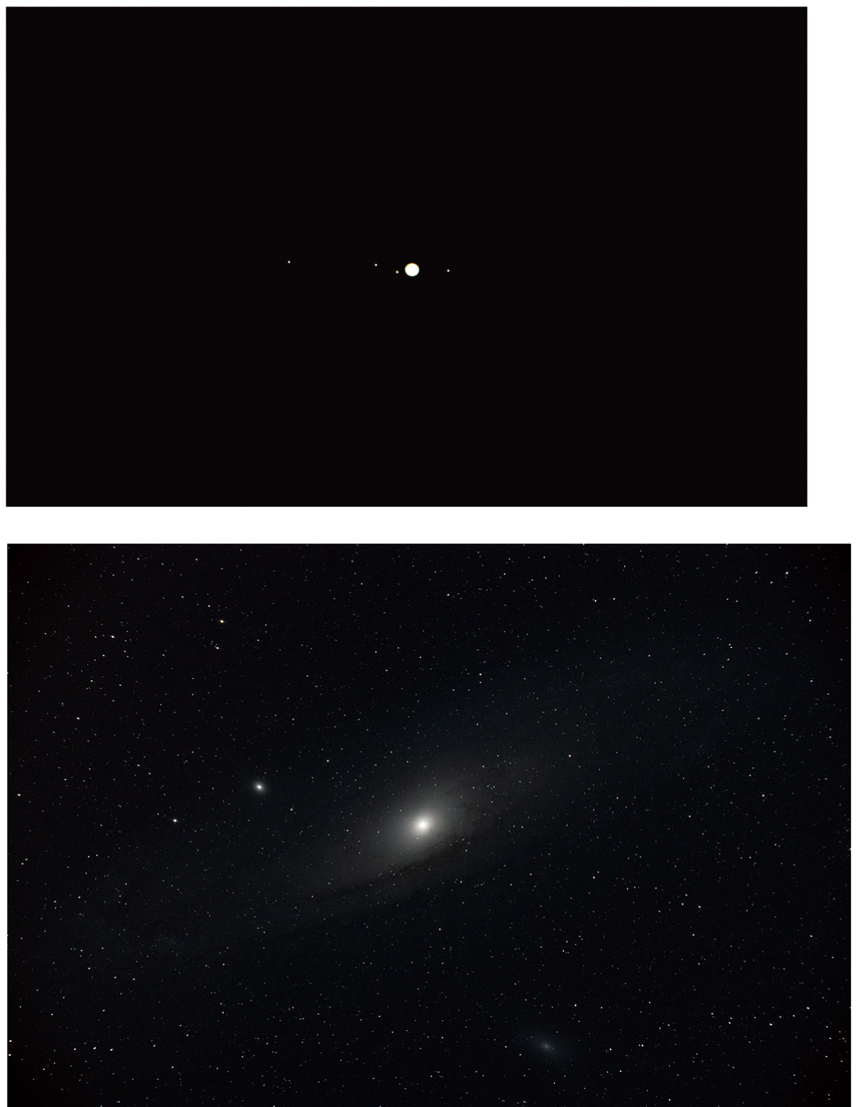 「望遠鏡ウルトラムーンで観察できる天体のイメージ。上：木星とその衛星　下：アンドロメダ銀河」画像