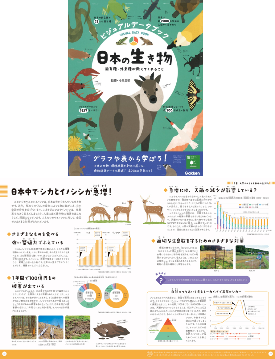 『ビジュアルデータブック　日本の生き物　固有種・外来種が教えてくれること』書影と紙面