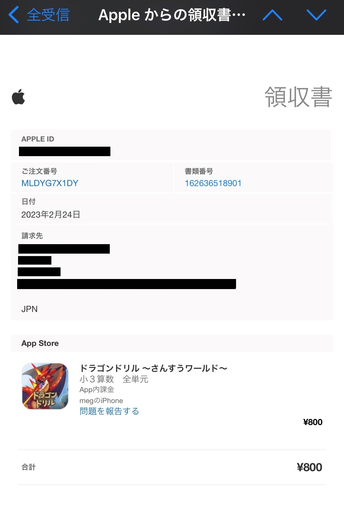 「Appleからの領収書」画像