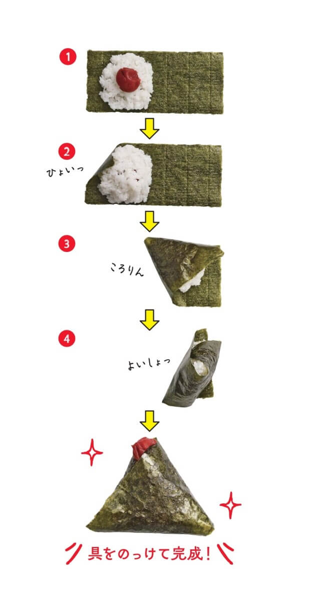 「基本の「にぎらないおにぎり」。長方形に切った焼きのりにごはんと梅干しをのせ、くるんと包むだけで完成」画像