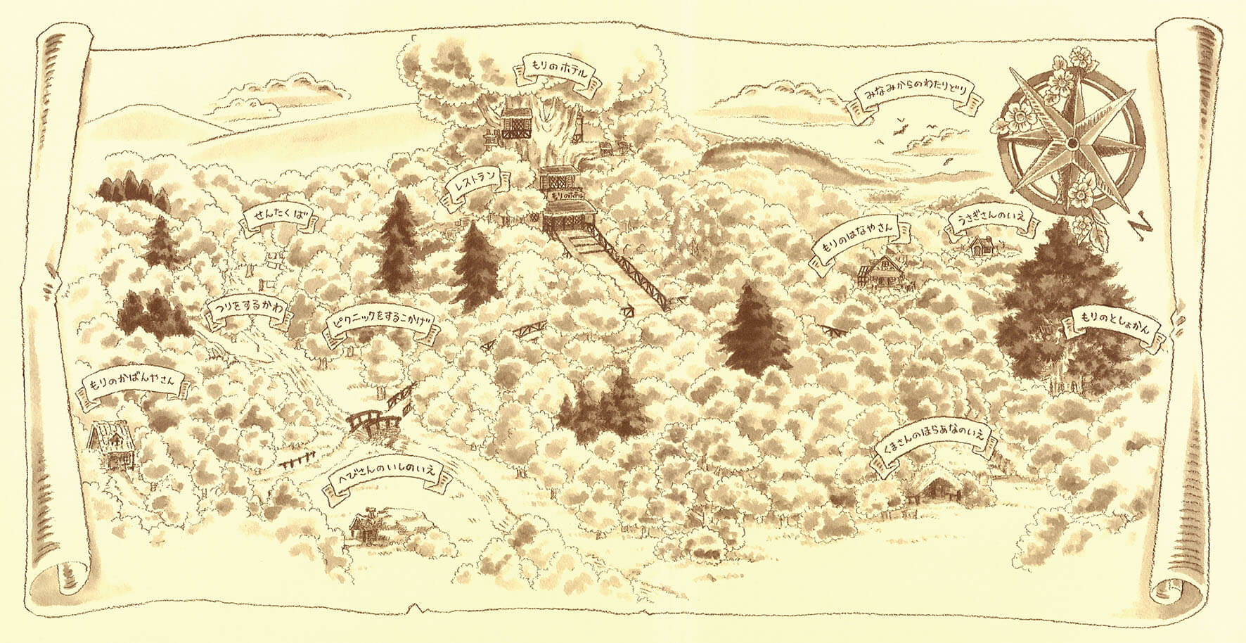 『もりのはなやさん』の見返しの地図。４巻目で『もりのかばんやさん』までなかった、うさぎさんの家と花屋さんが加わった（右ページ中央）　紙面
