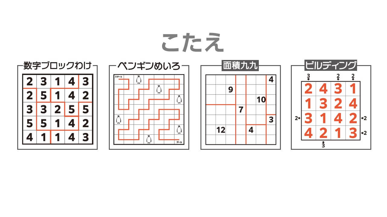 上のパズルの答え。左から「数字ブロックわけ」「ペンギンめいろ」「面積九九」「ビルディング」。　紙面