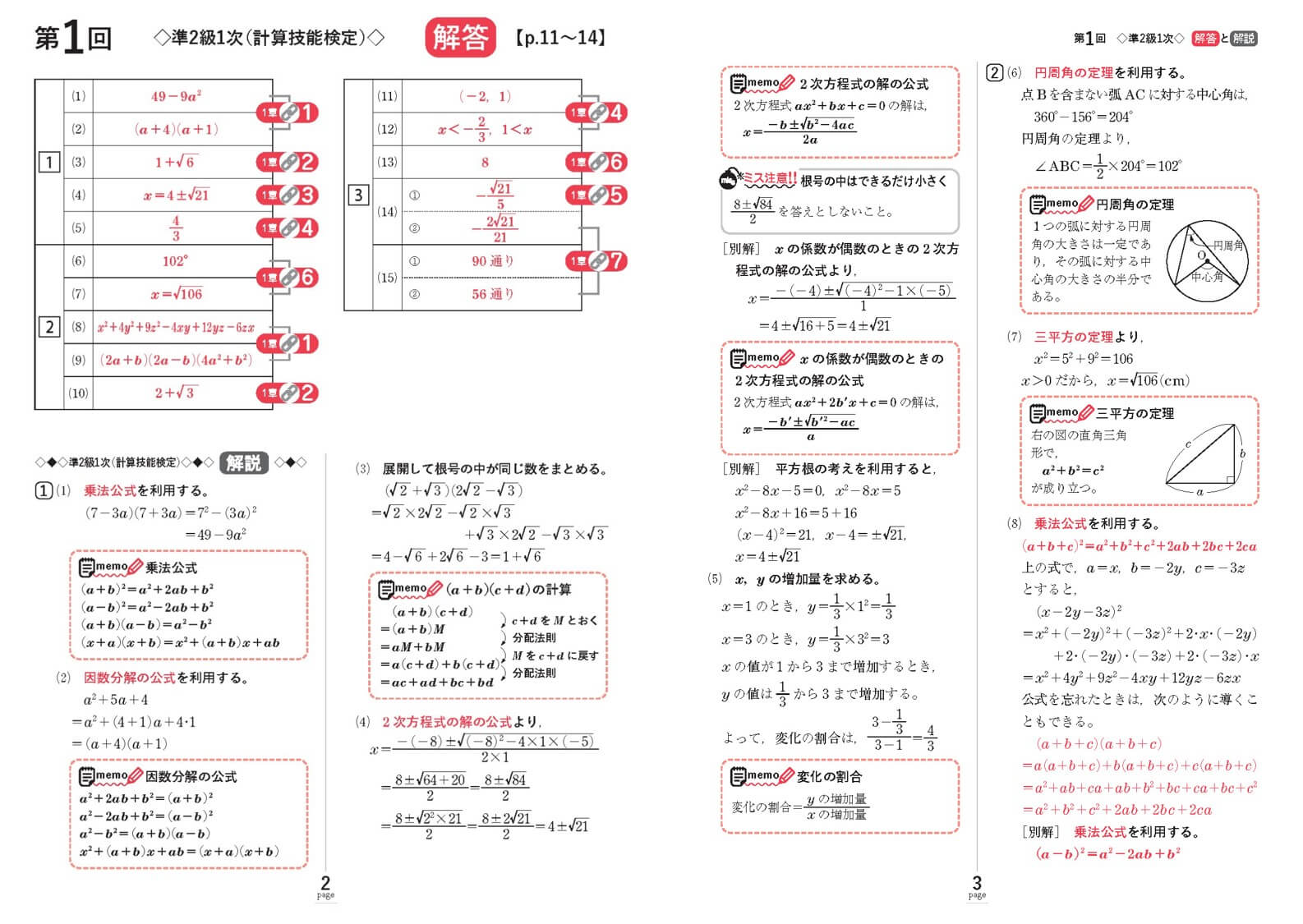 「別冊式の解答では、丁寧に解き方を解説。公式の確認ができる「memo」コーナーもあります。」