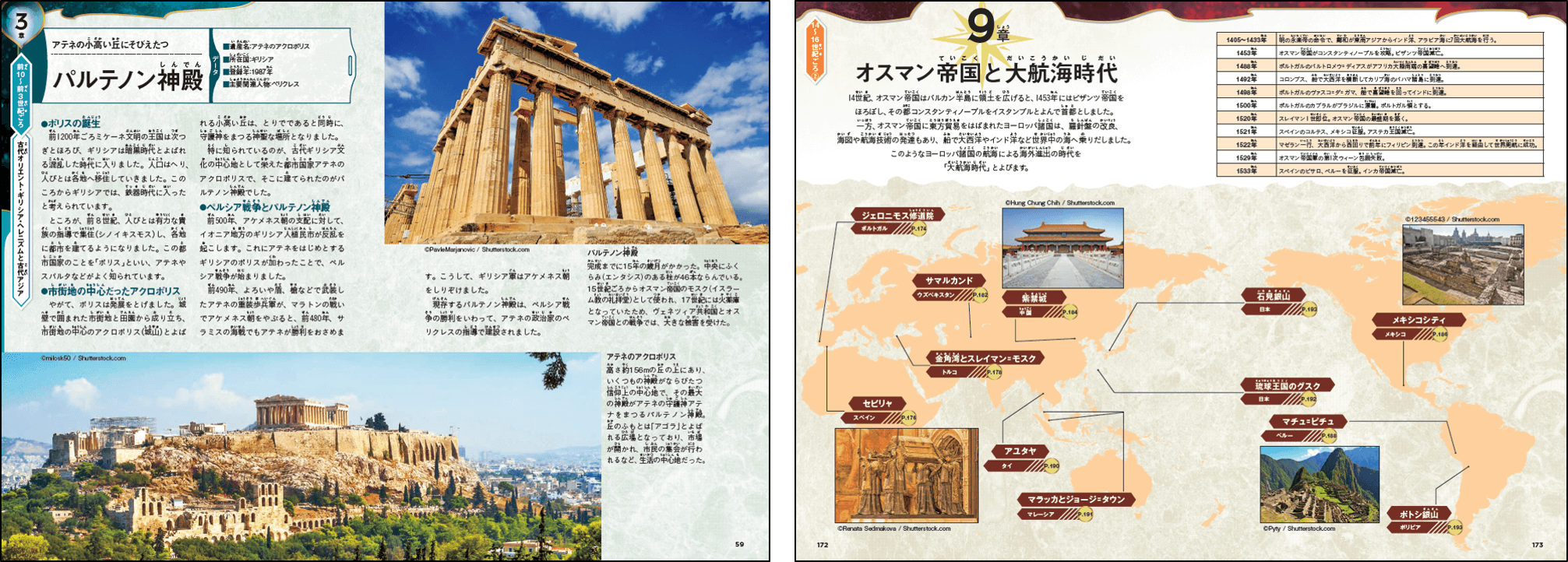 左：「パルテノン神殿」解説ページ、右：９章「オスマン帝国と大航海時代」章扉　紙面