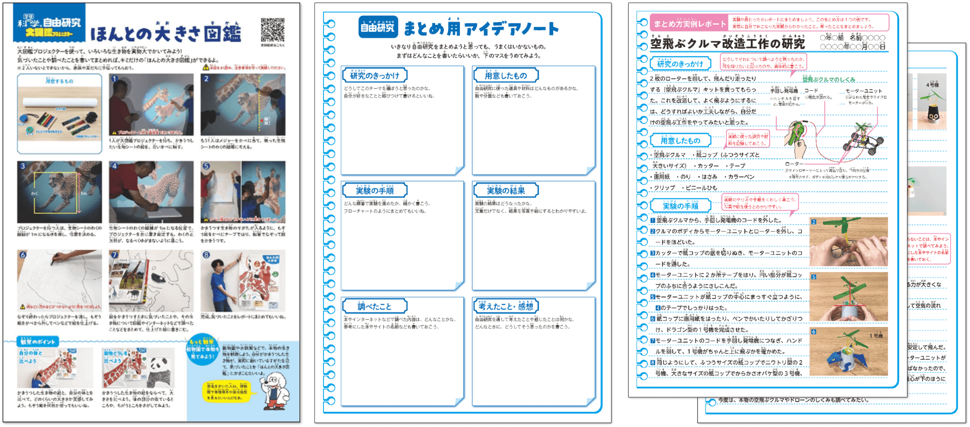 「実験の動画や実験のやり方シート、自由研究のメモ、まとめ方実例レポート」画像