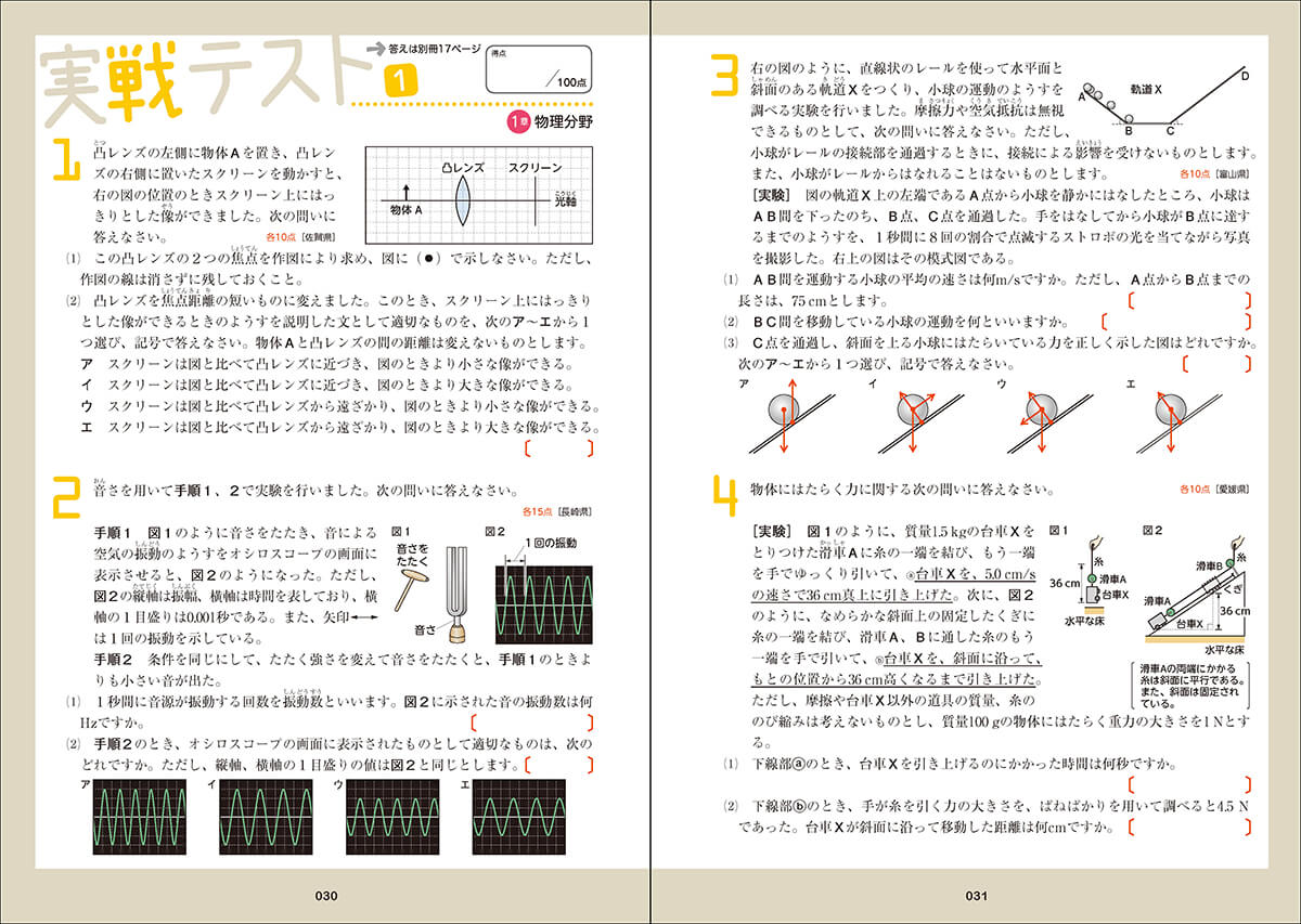 各分野の最後の「実戦テスト」では、入試問題の中からよく出るものを厳選。※「理科」　紙面