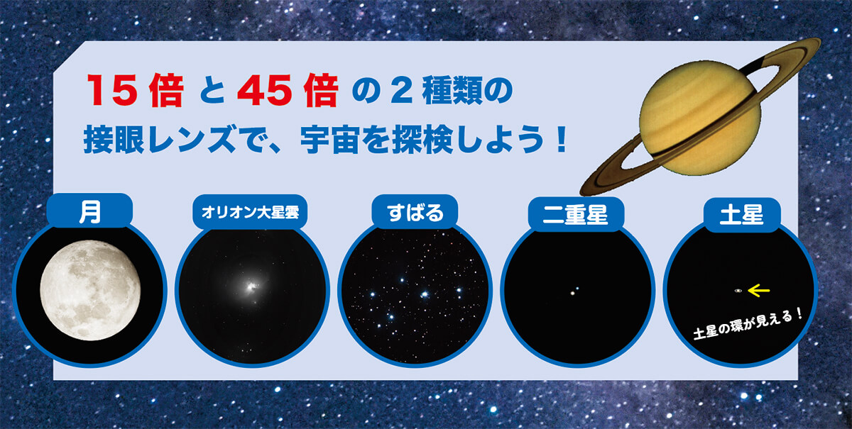 「天体を視野に入れやすい15倍、土星の環なども見える45倍の2種類の倍率で楽しめる！」画像