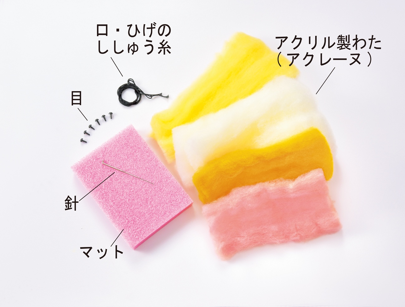 『羊毛フェルト材料用具つき　ふわふわ みつごのにゃんころキット』付録のキット。3匹の子猫「とら」「ニケ」「いちごミルク」が作れる材料が入っています。わたにはアクリル製の「アクレーヌ」を使用し、子どもでも簡単に成形できます。　画像