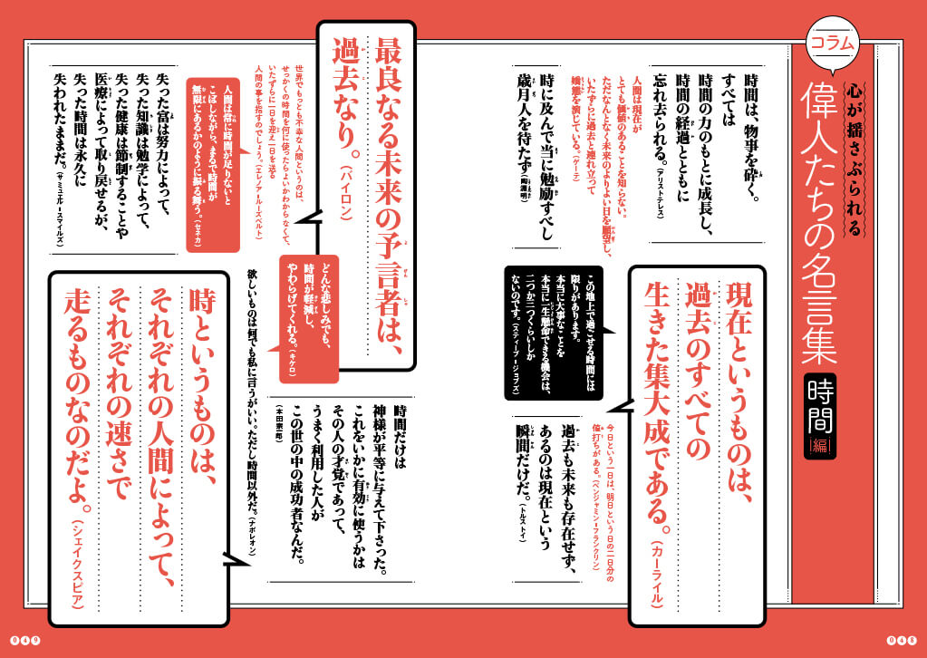 「さまざまな偉人たちの名言をテーマごとに読むことができる。」紙面