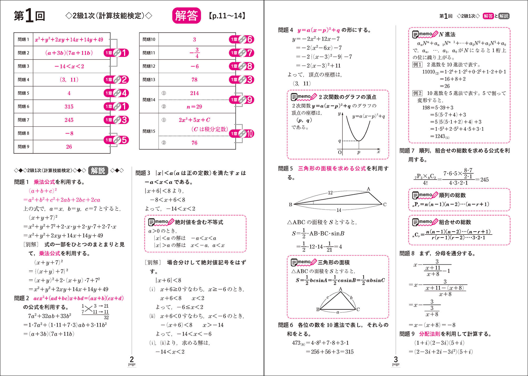 別冊式の解答では、丁寧に全問の解き方を解説。公式の確認ができる「memo」コーナーや本番で注意すべきミスの解説もついています。さらに、対策用問題集「受かる！数学検定　2級」のどの章と対応しているかが一目でわかるリンクつき！　紙面