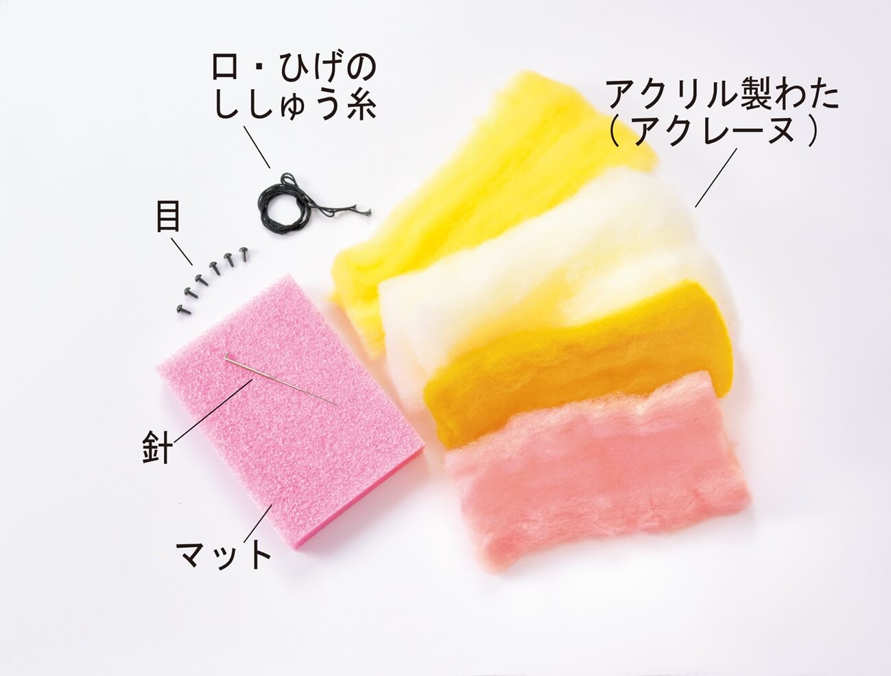 付録のキット。3匹のこねこ「とら」「ニケ」「いちごミルク」が作れる材料が入っています。わたにはアクリル製の「アクレーヌ」を使用し、子どもでも簡単に成形できます　画像