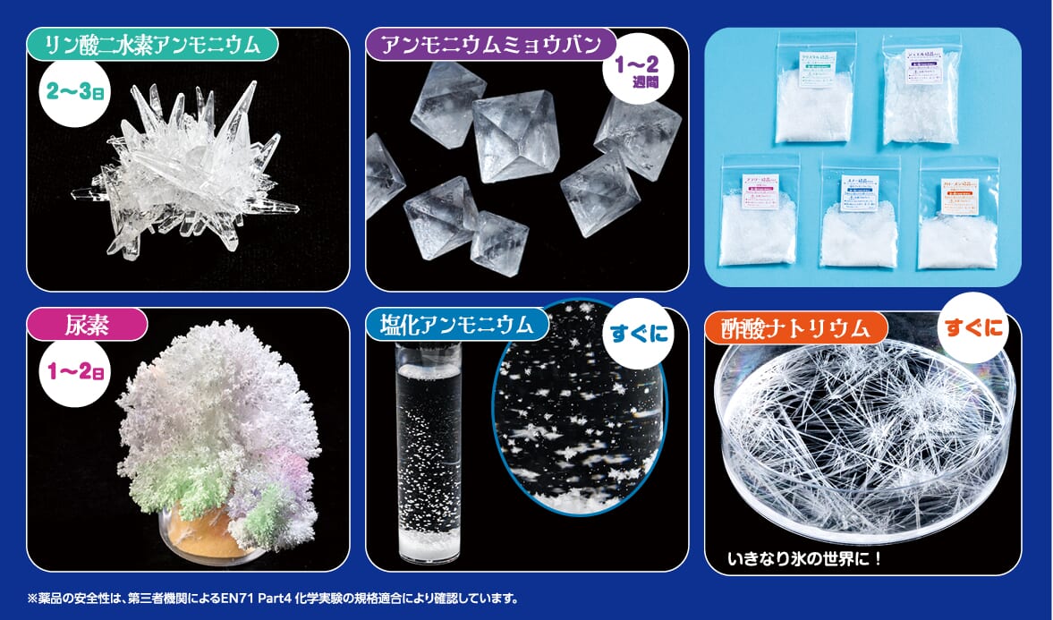 5種類の結晶が育てられる化学実験教材！ LED台座つき【予約受付中